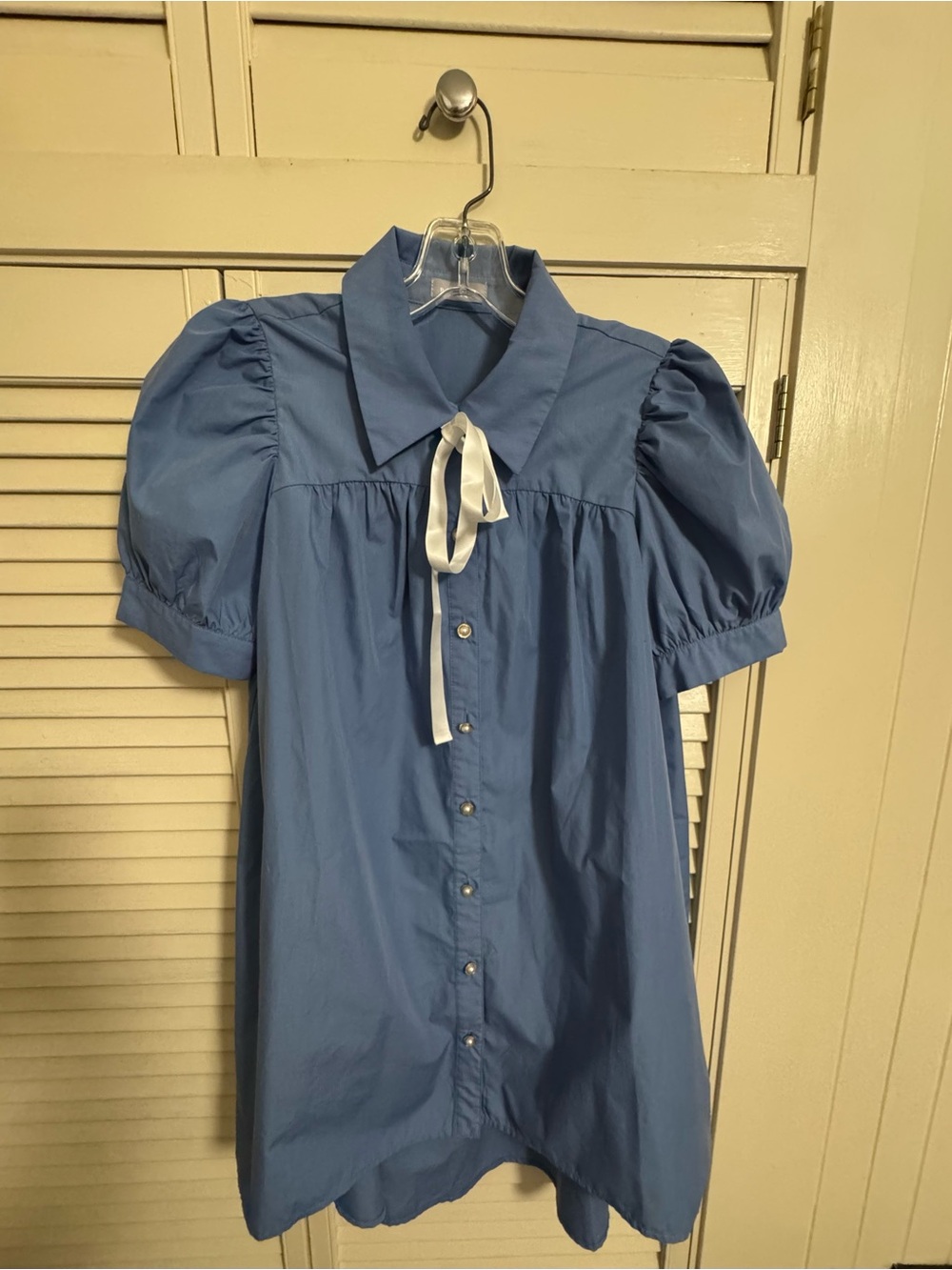 Axes Femme Poetique Blue Puff Sleeve Button-Down Shirt with Ribbon Tie tunic